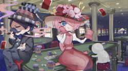 1boy 1girl absurdres baron_ham_(fake_type) black_jacket black_pants blue_bow blue_bowtie blue_eyes blue_hair blush_stickers bow bowtie card casino cigar closed_mouth creature cup dress eyeshadow facial_hair fake_type flower frilled_gloves frills glass gloves hair_over_one_eye hat hat_flower heart heart-shaped_pupils highres holding holding_cigar holding_cup holding_dice indoors iwasake-chan_(fake_type) jacket makeup mustache on_stool open_mouth panties pants pillar pink_dress pink_eyeshadow pink_flower pink_gloves pink_hair playing_card poker_chip poker_table puffy_sleeves red_flower romi_(6_0mi) roulette see-through_clothes see-through_dress short_hair sitting slot_machine smile smoke smoking stool sweat symbol-shaped_pupils table teeth underwear very_short_hair white_sleeves yellow_flower