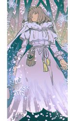 Rule 34 | 1boy, cape, cloak, commentary, crown, diamond hairband, fate/grand order, fate (series), feet out of frame, from below, fur-trimmed cloak, fur trim, haun, long sleeves, looking at viewer, looking down, male focus, medium hair, no wings, oberon (fate), official alternate costume, puffy sleeves, smile, snow, snowflakes, snowing, solo, tassel, white cape, white hair
