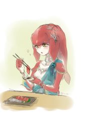 Rule 34 | 1girl, blush, breasts, colored skin, fins, fish (food), fish girl, food, hair ornament, highres, jewelry, long hair, mipha, monster girl, multicolored skin, necklace, nintendo, no eyebrows, red hair, red skin, ritsuki mino, sashimi, solo, the legend of zelda, the legend of zelda: breath of the wild, white skin, yellow eyes, zora