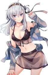 Rule 34 | 1girl, bikini, bikini under clothes, breasts, cleavage, front-tie top, gluteal fold, grey eyes, grey hair, grey hoodie, hand on own thigh, headband, highres, hood, hoodie, kantai collection, kasumi (skchkko), long hair, looking at viewer, medium breasts, navel, off shoulder, sarong, sleeves past wrists, smile, solo, suzutsuki (kancolle), swimsuit, swimsuit under clothes, thighs, white background