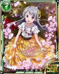 Rule 34 | 10s, 1girl, belt, card (medium), cherry blossoms, dress shirt, earrings, from above, grey hair, hair ornament, jewelry, layered skirt, long hair, looking at viewer, open mouth, outdoors, pointy ears, purple eyes, seven (sao), shirt, skirt, solo, star (symbol), sword art online, white shirt, yellow skirt