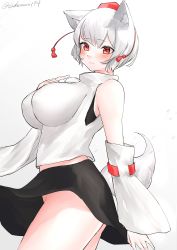 Rule 34 | 1girl, absurdres, animal ear fluff, animal ears, artist name, black skirt, breasts, closed mouth, detached sleeves, highres, inubashiri momiji, large breasts, pom pom (clothes), red eyes, shirt, short hair, simple background, skirt, smile, solo, tail, take (take143000), touhou, white background, white hair, white shirt, white sleeves, wolf ears, wolf girl, wolf tail