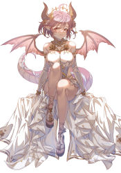 Rule 34 | 1girl, absurdres, ahoge, bare legs, bare shoulders, bloom, breasts, brown wings, collar, detached sleeves, diffraction spikes, dragon girl, dragon horns, dragon tail, dragon wings, dress, full body, gold, granblue fantasy, grea (shingeki no bahamut), highres, horns, innoarukugyou, jewelry, large breasts, looking at viewer, pointy ears, purple hair, red eyes, sandals, shingeki no bahamut, short hair, showgirl skirt, sideboob, sideless outfit, simple background, sitting, solo, sparkle, tail, toes, white background, wings