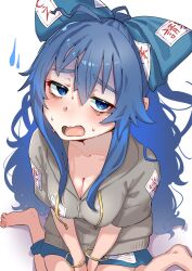 Rule 34 | 1girl, barefoot, blue eyes, blue hair, blue skirt, breasts, cleavage, from above, grey jacket, highres, jacket, long hair, looking at viewer, medium breasts, open mouth, sitting, skirt, sobayu to tenpura, solo, sweat, touhou, very long hair, wariza, white background, yorigami shion