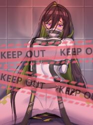 Rule 34 | 1girl, arms behind back, bodysuit, bound, bound arms, breasts, brown hair, bt (3212637), character name, clothes writing, colored inner hair, covered mouth, covered navel, gag, goddess of victory: nikke, green hair, guilty (nikke), hair behind ear, hair between eyes, highres, large breasts, long hair, looking at viewer, mask, mouth mask, multicolored hair, pink eyes, restrained, sitting, solo, spread legs, straitjacket, two-tone hair, very long hair, wall, white bodysuit