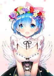 Rule 34 | 10s, 1girl, :d, angel wings, ayamy, blue eyes, blue hair, blunt bangs, blush, breasts, cleavage, collarbone, commentary request, detached collar, eyes visible through hair, flower, flower wreath, frills, hair flower, hair ornament, hair over one eye, hair ribbon, head wreath, looking at viewer, maid, medium breasts, open mouth, pink ribbon, purple ribbon, re:zero kara hajimeru isekai seikatsu, rem (re:zero), ribbon, ribbon-trimmed clothes, ribbon trim, short hair, simple background, smile, solo, underbust, upper body, wings, x hair ornament