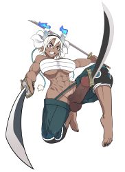 Rule 34 | 1girl, abs, absurdres, bandages, bare shoulders, barefoot, black nails, blue fire, candle, clenched teeth, dark-skinned female, dark penis, dark skin, erection, female pubic hair, fire, futanari, grin, hair between eyes, highres, holding, holding sword, holding weapon, kannovaku, katana, large penis, muscular, muscular female, nail polish, navel, penis, pubic hair, red eyes, reverse grip, short hair, simple background, smile, solo, sword, teeth, testicles, toenails, uncensored, urethral insertion, veins, veiny penis, weapon, what, white background, white hair