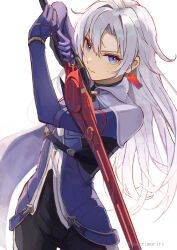 Rule 34 | 1girl, a (xenoblade), androgynous, armored bodysuit, blue eyes, cape, closed mouth, collared cape, dangle earrings, earrings, gloves, grey cape, grey hair, hair between eyes, hair intakes, highres, holding, holding sword, holding weapon, jewelry, long hair, looking at viewer, messy hair, monado fencer, solo, sword, tomorimoriri, twitter username, very long hair, weapon, white background, xenoblade chronicles (series), xenoblade chronicles 3, xenoblade chronicles 3: future redeemed