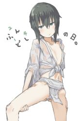 Rule 34 | 1girl, absurdres, androgynous, artist request, black hair, breasts, cameltoe, cleavage, collarbone, expressionless, flat chest, fundoshi, green eyes, highres, japanese clothes, kino (kino no tabi), kino no tabi, looking at viewer, navel, shirt, short hair, spread legs, tied shirt, tomboy