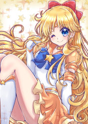 Rule 34 | 1girl, ;), absurdres, aino minako, back bow, bishoujo senshi sailor moon, blonde hair, blue bow, blue eyes, boots, bow, brooch, choker, circlet, closed mouth, earrings, elbow gloves, gloves, hair bow, highres, jewelry, kazusa hiyori, knee boots, layered skirt, long hair, looking at viewer, magical girl, one eye closed, orange bow, orange neckwear, orange sailor collar, orange skirt, orange theme, puffy sleeves, red bow, sailor collar, sailor senshi uniform, sailor venus, see-through, skirt, smile, solo, sparkle, star (symbol), star brooch, star choker, star earrings, starry background, super sailor venus (stars), twitter username, white footwear, white gloves, yellow background, yellow skirt