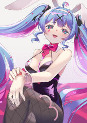 Rule 34 | 1girl, animal ears, black leotard, blue eyes, blue hair, blush, breasts, cuffs, detached collar, fake animal ears, handcuffs, hatsune miku, leotard, long hair, looking at viewer, medium breasts, open mouth, pantyhose, playboy bunny, rabbit ears, rabbit hole (vocaloid), ryofuhiko, smile, solo, twintails, very long hair, vocaloid