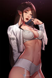 Rule 34 | 1girl, breasts, brown hair, cropped jacket, facial mark, garter straps, gradient background, highres, inhoso, jacket, long hair, looking at viewer, medium breasts, navel, open clothes, open jacket, original, pointy ears, red eyes, red lips, short shorts, shorts, solo, white jacket, white shorts