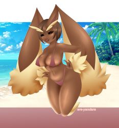 Rule 34 | 1girl, \n/, absurdres, adjusting clothes, adjusting swimsuit, animal ears, arm up, artist name, beach, bikini, black sclera, blue sky, breasts, brown hair, bush, cloud, colored sclera, creatures (company), curvy, dark-skinned female, dark skin, day, ere-yandara, female focus, furry, furry female, game freak, gen 4 pokemon, half-closed eyes, highres, horizon, jpeg artifacts, large breasts, letterboxed, lips, looking at viewer, lopunny, nature, navel, nintendo, ocean, one eye closed, outdoors, palm tree, personification, pokemon, pokemon (creature), pokemon dppt, rabbit ears, red eyes, sand, shiny skin, short hair, skindentation, sky, smile, solo, standing, swimsuit, teeth, text focus, thick thighs, thighs, transparent background, tree, water, watermark, wink