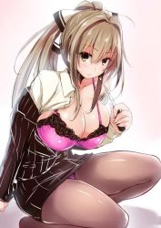 Rule 34 | 1girl, amagi brilliant park, blush, bow, bra, breasts, brown eyes, brown hair, business suit, cleavage, formal, goban, hair bow, huge breasts, jpeg artifacts, long hair, open clothes, panties, panties over pantyhose, pantyhose, ponytail, purple bra, purple panties, see-through, see-through legwear, sento isuzu, simple background, solo, squatting, suit, underwear, white background