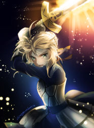 Rule 34 | 1girl, ahoge, armor, armored dress, arms up, artoria pendragon (all), artoria pendragon (fate), blonde hair, excalibur (fate/stay night), fate/stay night, fate (series), floating hair, gauntlets, green eyes, hair ribbon, light particles, long sleeves, looking at viewer, omizu (omz), open mouth, ribbon, saber (fate), short hair, solo, twitter username, upper body