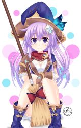 Rule 34 | 1girl, boots, breasts, broom, cleavage, covering privates, covering crotch, dress, four goddesses online: cyber dimension neptune, gloves, hair ornament, hat, helvetica std, highres, jewelry, knees together feet apart, long hair, looking at viewer, nepgear, neptune (series), purple eyes, purple hair, ribbon, short dress, sitting, solo, witch hat