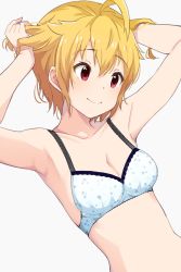 Rule 34 | 1girl, ahoge, armpits, arms up, bad id, bad twitter id, bare arms, bare shoulders, blonde hair, bra, breasts, cleavage, closed mouth, collarbone, commentary request, dutch angle, grey background, hair between eyes, hair flaps, head tilt, highres, hiroki (yyqw7151), ibuki tsubasa, idolmaster, idolmaster million live!, looking away, medium breasts, print bra, red eyes, ruffling hair, short hair, simple background, smile, solo, star (symbol), star print, underwear, underwear only, upper body, white bra