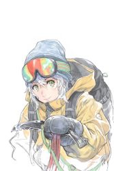 Rule 34 | 1girl, backpack, bag, beanie, black bag, commentary request, goggles, goggles on head, green eyes, hair between eyes, hat, hirooka masaki, holding, holding knife, hood, hood down, hooded jacket, jacket, knife, long sleeves, looking at viewer, mittens, original, partially colored, simple background, smile, solo, upper body, white background, white hair, yellow jacket, zipper, zipper pull tab