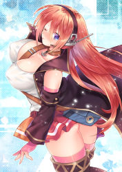 Rule 34 | 1girl, ;), ;p, anchor, ass, azur lane, bad id, bad pixiv id, bare shoulders, between breasts, black coat, black hairband, black thighhighs, blue eyes, breasts, brown choker, choker, closed mouth, coat, collarbone, covered erect nipples, detached sleeves, elbow gloves, eyebrows, eyes visible through hair, fingerless gloves, flat ass, gloves, hair between eyes, hairband, headset, large breasts, long hair, long sleeves, looking at viewer, looking back, miniskirt, one eye closed, open clothes, open coat, pink gloves, pink thighhighs, ranger (azur lane), red hair, red skirt, shirt, skirt, sleeveless, sleeveless coat, smile, solo, strap, thighhighs, tongue, tongue out, white shirt, zest (lossol), zettai ryouiki