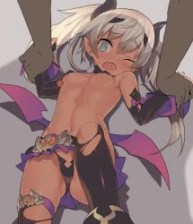 Rule 34 | 1girl, bikini, black bikini, black gloves, black thighhighs, blade (galaxist), blue eyes, breasts, bright pupils, covered erect nipples, dark skin, earrings, elbow gloves, fang, fingerless gloves, gloves, gluteal fold, grey hair, horns, jewelry, leg up, low wings, lying, microskirt, midriff, navel, on back, one eye closed, open mouth, original, pointy ears, skirt, small breasts, sweatdrop, swimsuit, tears, thighhighs, torn clothes, torn legwear, twintails, underboob, white pupils, wince, wings