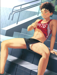 Rule 34 | 1boy, abs, arm support, bare arms, bare legs, bare shoulders, batsusuke, black shorts, blush, briefs, brown hair, bulge, clenched teeth, clothes lift, clothing aside, collarbone, commentary request, day, dutch angle, facing viewer, fang, green eyes, hand up, handrail, highres, leaning back, lifting own clothes, male focus, male underwear, midriff, mizuno (brand), navel, original, outdoors, paid reward available, pectoral cleavage, pectorals, railing, red shirt, shiny skin, shirt, shirt lift, short hair, short shorts, shorts, shorts aside, sitting, sitting on stairs, sleeveless, sleeveless shirt, solo, spiked hair, sportswear, spread legs, stairs, sweat, tank top, teeth, toned, toned male, track uniform, underwear, wet, white male underwear