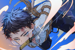 Rule 34 | 1boy, arms behind back, atsushi toushirou, black hair, black pants, blood, blood on face, blue background, blue hair, bound, bound arms, chibit (choco-bit), collared shirt, cuts, dress shirt, grey eyes, highres, injury, jumping, long sleeves, looking at viewer, male focus, mouth hold, pants, restrained, rope, shirt, short sword, slashing, solo, sword, tantou, touken ranbu, unsheathed, weapon, weapon in mouth, white shirt