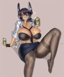 Rule 34 | alcohol, beer, beer can, belt, belt buckle, between breasts, black gloves, black necktie, blush, bra, breasts, buckle, can, cleavage, collarbone, curvy, drink can, eu03, eyepatch, glasses, gloves, headgear, highres, huge breasts, kantai collection, necktie, necktie between breasts, open clothes, panties, pantyhose, partially fingerless gloves, pencil skirt, plump, purple hair, short hair, skirt, solo, tenryuu (kancolle), thick thighs, thighs, underwear, yellow eyes