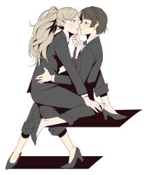 Rule 34 | 10s, 2girls, black hair, blonde hair, blue eyes, blush, braid, brown eyes, commentary, crown braid, face-to-face, formal, high heels, imminent kiss, long hair, multiple girls, nail polish, niijima makoto, persona, persona 5, pink nails, radiostarkiller, red nails, short hair, smile, suit, takamaki anne, twintails, yuri