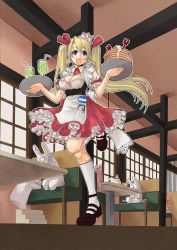 Rule 34 | 1girl, bad id, bad pixiv id, blonde hair, blue eyes, breasts, butter, cake, cellphone, cleavage, drinking straw, fang, food, frills, green tea, ice, ice cube, kazuki kisuke, kneehighs, lingerie, long hair, maid, pancake, pastry, pen, petticoat, phone, rabbit, restaurant, ribbon, skirt, socks, solo, stairs, tea, tray, twintails, umemame, underwear, waitress