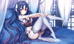 Rule 34 | 1girl, arm tattoo, black panties, blue hair, blue nails, blue thighhighs, blush, breasts, cleavage, closed mouth, commentary request, fingernails, full body, hair ribbon, highres, horns, japanese clothes, kimono, komeshiro kasu, lace, lace-trimmed legwear, lace trim, large breasts, leg tattoo, long fingernails, long hair, looking at viewer, nail polish, no shoes, obi, original, outstretched arms, panties, parted bangs, pelvic curtain, pointy ears, red eyes, ribbon, sash, sharp fingernails, side-tie panties, sitting, sleeveless, sleeveless kimono, smile, solo, tattoo, thighhighs, twintails, underwear, very long hair, white thighhighs