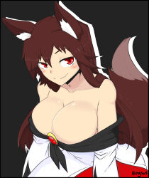 Rule 34 | 1girl, absurdres, animal ears, bare shoulders, black background, black border, blush, border, breasts, brooch, brown hair, cleavage, closed mouth, collarbone, commentary, dress, english commentary, highres, imaizumi kagerou, jewelry, large breasts, long hair, long sleeves, looking at viewer, negsus, off-shoulder dress, off shoulder, red eyes, simple background, smile, solo, swept bangs, tail, touhou, upper body, wavy mouth, white dress, wolf ears, wolf girl, wolf tail