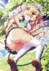 Rule 34 | 1girl, absurdres, ahoge, animal ears, ass, back, black skirt, blonde hair, blue sky, blush, bow, bowtie, breasts, brown footwear, cloud, cloudy sky, cropped, day, dress shirt, frilled skirt, frills, from behind, garter straps, grass, green vest, hair bow, highres, hose, leaf, loafers, long hair, looking at viewer, looking back, medium breasts, melonbooks, non-web source, original, outdoors, ozawa yuu, panties, pantyshot, plaid, plaid skirt, plant, pleated skirt, puddle, puffy short sleeves, puffy sleeves, scan, see-through, shirt, shoes, short sleeves, sitting, skirt, sky, solo, striped bow, striped bowtie, striped clothes, striped neckwear, thighhighs, towel, underwear, upskirt, very long hair, vest, wet, wet clothes, wet hair, wet shirt, white panties, white shirt, white thighhighs, yellow eyes