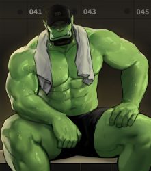 Rule 34 | 1boy, abs, bara, baseball cap, beard, biceps, branch, dopey (dopq), facial hair, hat, highres, large pectorals, locker, locker room, looking at viewer, male focus, male underwear, manly, mature male, muscular, muscular male, orc, original, pectorals, pointy ears, sitting, solo, spread legs, sweat, sweatdrop, teeth, thick arms, thick eyebrows, thick thighs, thighs, towel, towel around neck, tusks, underwear, veins, veiny arms