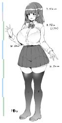 Rule 34 | 1girl, blush, bra, bra visible through clothes, breasts, character request, copyright request, cup size, full body, greyscale, height, large breasts, measurements, medium hair, monochrome, oohira sunset, panties, pleated skirt, see-through, skirt, solo, standing, thighhighs, three sizes, underwear, uniform, wide hips