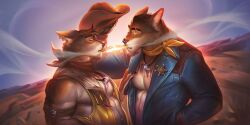 2boys abs absurdres animal_ears bara bicep_strap blue_jacket brown_neckerchief chest_tattoo cigarette cigarette_kiss claws closed_eyes commentary cowboy_hat coyote_boy desert earrings english_commentary furry furry_male hand_in_pocket hat highres jacket jewelry leather leather_jacket leather_vest male_focus multiple_boys muscular muscular_male navel neckerchief necklace open_clothes open_jacket open_vest original pawpads pectorals ring ring_necklace sheriff_badge smoke smoking tattoo ttdobtt vest wolf_ears yaoi yellow_neckerchief yellow_vest