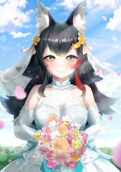 Rule 34 | 1girl, absurdres, animal ear fluff, animal ears, black hair, blue sky, blush, bouquet, breasts, bridal veil, cleavage, cloud, dress, elbow gloves, flower, gloves, hair flower, hair ornament, hairpin, highres, holding, holding bouquet, hololive, large breasts, long hair, looking at viewer, multicolored hair, ookami mio, payano i, red hair, see-through, see-through cleavage, sky, smile, streaked hair, veil, virtual youtuber, wedding dress, white dress, white gloves, wolf ears, wolf girl, yellow eyes
