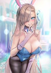 Rule 34 | 1girl, animal ears, asuna (blue archive), asuna (bunny) (blue archive), black pantyhose, blue archive, blue eyes, blue leotard, bow, bowtie, breasts, cleavage, fake animal ears, finger to mouth, gloves, hand on own hip, hane yuki, highres, large breasts, leaning forward, leotard, looking at viewer, mole, mole on breast, one eye covered, pantyhose, playboy bunny, rabbit ears, seductive smile, smile, traditional bowtie