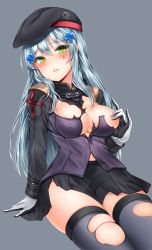 Rule 34 | 1girl, ammunition pouch, arm support, arm under breasts, bad id, bad twitter id, beret, black skirt, black thighhighs, blunt bangs, blush, bow, bow panties, breasts, cleavage, clothes writing, covering nipples, covering privates, damaged, facial mark, german flag, girls&#039; frontline, gloves, green eyes, grey background, gun, hair ornament, hat, head tilt, highres, hk416 (girls&#039; frontline), jacket, long hair, looking at viewer, magazine (weapon), medium breasts, no bra, panties, parted lips, plaid, pleated skirt, pouch, silver hair, simple background, sitting, skindentation, skirt, solo, sweatdrop, teardrop, thighhighs, thighs, torn clothes, torn jacket, torn skirt, torn thighhighs, underwear, very long hair, wariza, weapon, zerocat