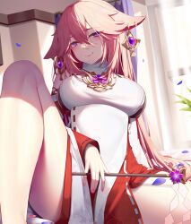Rule 34 | 1girl, animal ears, aoi (buzhuen444), breasts, detached sleeves, earrings, floppy ears, fox ears, genshin impact, gohei, hair between eyes, holding, holding gohei, japanese clothes, jewelry, large breasts, long hair, looking at viewer, nontraditional miko, pelvic curtain, pink hair, purple eyes, sitting, smile, solo, vision (genshin impact), yae miko