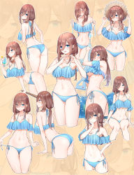 Rule 34 | 1girl, :d, absurdres, ass, bare arms, bare shoulders, bikini, bikini pull, blue bikini, blue eyes, blush, breasts, cleavage, closed eyes, clothes pull, collarbone, commentary request, cropped legs, drinking, drinking straw, food, frilled bikini, frills, from behind, from side, fruit, go-toubun no hanayome, hair between eyes, halterneck, hand on own cheek, hand on own face, hat, heart, heart hands, highres, huge filesize, kongbai, large breasts, leaning forward, lemon, long hair, looking at viewer, looking back, low-tied long hair, multiple views, nakano miku, navel, open mouth, profile, side-tie bikini bottom, sitting, smile, standing, stomach, straw hat, swimsuit, thighs, twintails, underboob, untied bikini, water, water gun