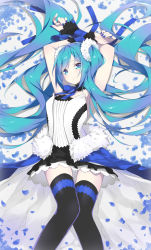 Rule 34 | 1girl, 7th dragon (series), 7th dragon 2020, absurdres, aqua eyes, aqua hair, arms behind head, arms up, black skirt, black thighhighs, blue dress, blue nails, blue ribbon, collar, dress, fhang, frilled collar, frills, from above, hair ornament, hatsune miku, highres, lace, lace-trimmed skirt, lace trim, layered dress, layered skirt, long hair, looking at viewer, lying, nail polish, neck ribbon, on back, parted lips, petals, ribbon, skirt, solo, thighhighs, twintails, very long hair, vocaloid, white dress, white skirt, wrist cuffs