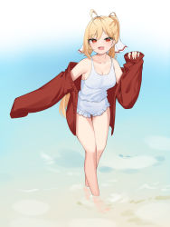Rule 34 | 1girl, :d, absurdres, ahoge, bare shoulders, blonde hair, breasts, collarbone, highres, jacket, jingburger, long hair, long sleeves, looking at viewer, medium breasts, off shoulder, one-piece swimsuit, open clothes, open jacket, open mouth, ponytail, red eyes, red jacket, smile, solo, standing, swimsuit, thighs, very long hair, virtual youtuber, wading, waktaverse, white one-piece swimsuit, ziro (zirorong)