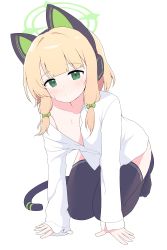Rule 34 | 1girl, absurdres, animal ear headphones, animal ears, blonde hair, blue archive, blunt bangs, bow, cat ear headphones, cat ears, cat tail, collared shirt, commentary request, fake animal ears, green eyes, hagoonha, hair bow, halo, headphones, highres, long sleeves, looking at viewer, midori (blue archive), school uniform, shirt, short hair, sidelocks, simple background, solo, tail, thighhighs, white shirt