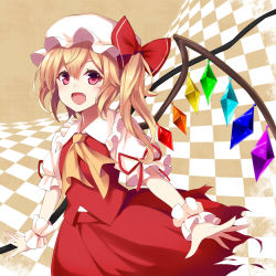 Rule 34 | 1girl, :d, bad id, bad pixiv id, blonde hair, dress, fang, flandre scarlet, hat, laevatein, looking at viewer, mob cap, open mouth, pink eyes, puffy short sleeves, puffy sleeves, red dress, shirt, short sleeves, side ponytail, smile, solo, takehana note, touhou, wings, wrist cuffs