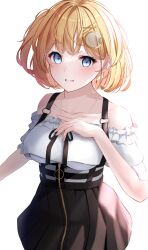 Rule 34 | 1girl, absurdres, bare shoulders, blonde hair, blue eyes, bob cut, frills, hair ornament, hairclip, hands on own chest, highres, hololive, hololive english, jewelry, key, key necklace, looking at viewer, monocle, necklace, short hair, simple background, smile, solo, sonoha shiki, standing, teeth, virtual youtuber, watson amelia, watson amelia (street casual), white background, zipper, zipper pull tab