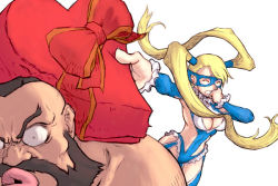Rule 34 | 1boy, 1girl, blandly-vorpal, capcom, closed eyes, gift, holding, holding gift, rainbow mika, street fighter, street fighter v, twintails, valentine, zangief