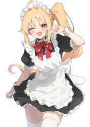 Rule 34 | 1girl, alternate costume, apron, black dress, blonde hair, blush, bocchi the rock!, bow, bowtie, commentary request, cowboy shot, dress, enmaided, frilled apron, frilled dress, frills, highres, ijichi nijika, long hair, maid, maid headdress, one eye closed, one side up, open mouth, polka dot, polka dot bow, red bow, red bowtie, red eyes, short sleeves, simple background, smile, solo, thighhighs, tsukasa2048, white apron, white background, white thighhighs, wrist cuffs