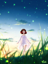 Rule 34 | 1girl, bad id, bad pixiv id, brown hair, dine&amp;rita, dress, grass, green eyes, highres, open mouth, outdoors, short hair, signature, sky, solo, white dress