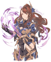 Rule 34 | 1girl, armor, bare hips, beatrix (granblue fantasy), breasts, brown hair, character name, cleavage, closed mouth, cropped legs, floating hair, gauntlets, granblue fantasy, green eyes, highres, holding, holding sword, holding weapon, long hair, medium breasts, pants, shimatani azu, shoulder armor, single hair intake, sketch, smile, solo, sword, very long hair, weapon, white background
