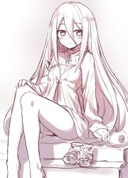 Rule 34 | 1girl, blush, camisole, camisole over clothes, hair between eyes, hand on own knee, hiraga matsuri, long hair, long sleeves, looking at viewer, monochrome, original, parted lips, sandals, unworn sandals, sitting, sitting on stairs, sketch, solo, stairs, thighs, very long hair